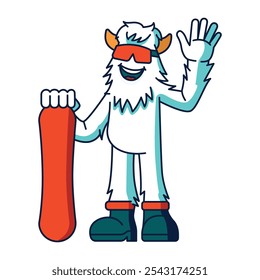 Yeti-Charakter mit einer Snowboard-Farblinie Illustration. Vektorisoliertes Element. Bearbeitbarer Strich.