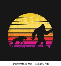 yeti and cheetah sunset retro vector illustration