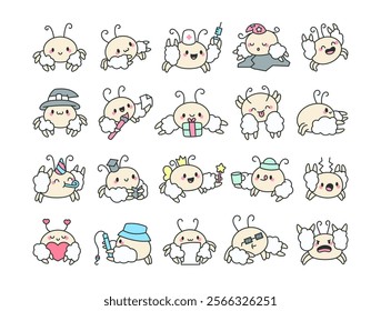 Yeti crab set with adorable cute kawaii characters featuring various poses emotions activities and marine themed elements for fun creative and joyful underwater illustrations.