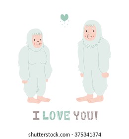 Yeti cute couple with heart vector illustration. I love you! greeting card. 