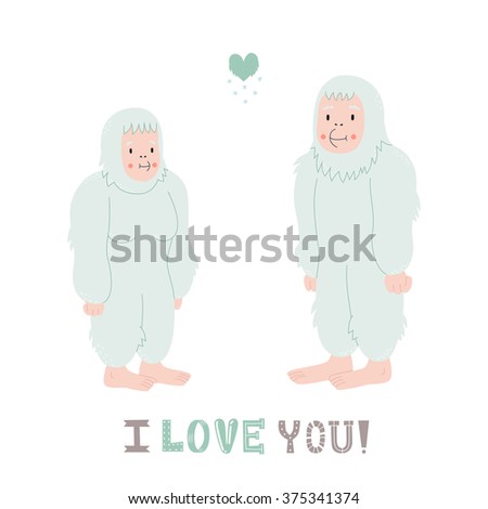 Yeti cute couple with heart vector illustration. I love you! greeting card. 