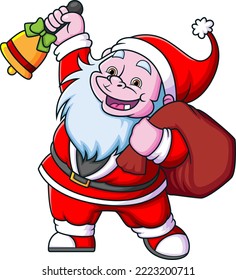 The yeti dwarf with the santa claus costume is ringing christmas bell and bringing the gift for the children of illustration