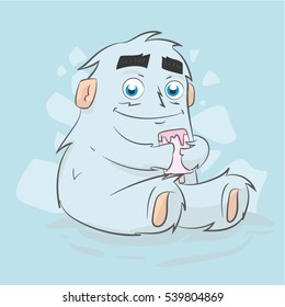 Yeti eating icecream. Vector Illustration.