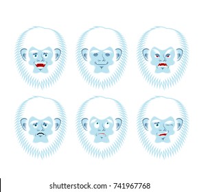 Yeti emoji set. Bigfoot sad and angry face. Abominable snowman guilty and sleeping avatar. Vector illustration