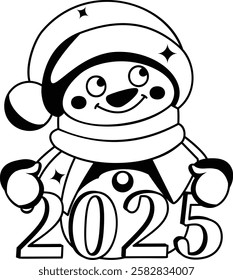 yeti with Festive scarf vector icon design, 2025 welcome sign, festive holiday season symbol, new year party decor stock illustration, Snowman wearing santa hat and wishing Twenty Twenty Five concept