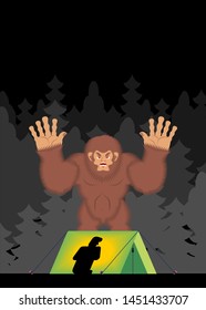 Yeti in forest scares man in tent. Bigfoot and tourist
 
