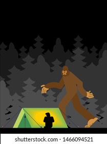 Yeti in forest scares man in tent. Bigfoot and tourist
 
