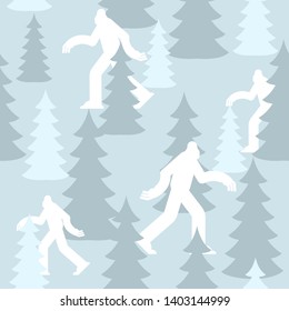 Yeti in forest Winter military pattern. white Bigfoot clothing texture. Blue Army background. sasquatch Protective soldier ornament. Vector illustration