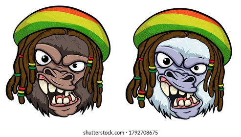 yeti and gorilla with dreadlocks in rasta hat.vector isolated on white background