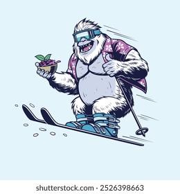 Yeti in Hawaiian Shirt Skiing while Carrying a Bowl of Fruit