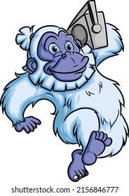 The yeti is holding and listening to a radio of illustration