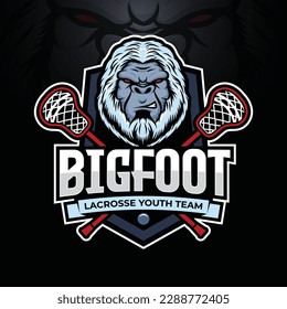 yeti mascot for lacrosse team logo design with combination of shield, stick and lacrosse ball with modern illustration