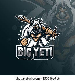 vectorial de diseño de logo de mascota Yeti con moderno estilo de ilustración para impresión de insignias, emblemas y camisetas. ilustración yeti enojada con árbol en la mano.