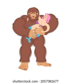 Yeti and mermaid. Bigfoot holds a mermaid in her arms