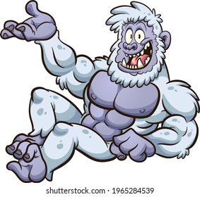 Yeti monster lying down and showing something. Vector clip art illustration with simple gradients. All on a single layer. 
