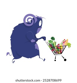 Yeti Monster. Shopper. Vector illustration of yeti monster character as shopper and his shopping cart with products. Fits any kind of project, from web and mobile to packaging and presentation