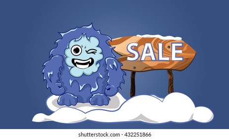 Yeti near wooden pointer. Wooden plaque with text: sale. Cute emotional monster bigfoot.