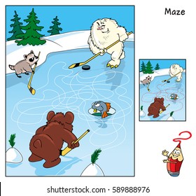 Yeti playing hockey with the bear and raccoon. Educational maze game for children. Cartoon vector illustration