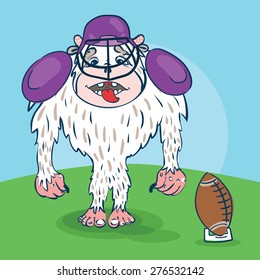 Yeti rugby player with a funny face, with ball, bat in the hat