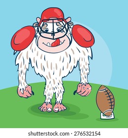 Yeti rugby player with a funny face, with ball, bat in the hat