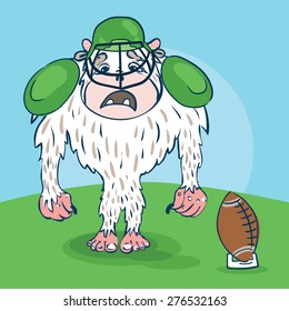 Yeti rugby player with a funny face, with ball, bat in the hat