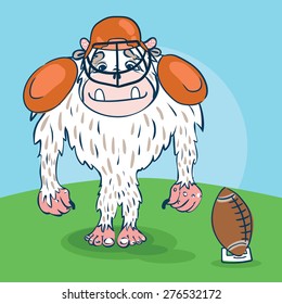 Yeti rugby player with a funny face, with ball, bat in the hat