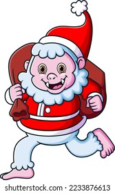 Yeti running with santa costume and holding a bag of illustration
