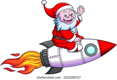 The yeti with the santa claus costume is playing and sitting on the fast rocket of illustration