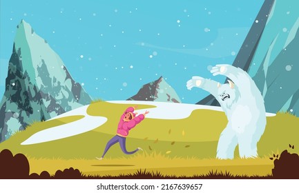 Niña que asusta Yeti huyendo en estado de horror caricatura de fondo ilustración vectorial plana