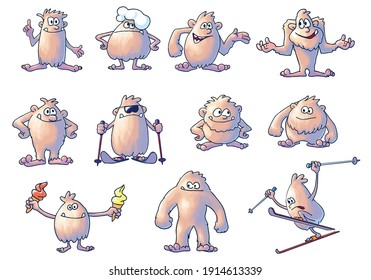 Yeti - set of illustrations, cartoon illustration isolated on white background, vector