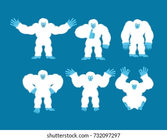 Yeti set poses and motion. Bigfoot happy and yoga. Abominable snowman sleeping and angry. Monster guilty and sad. Vector illustration
