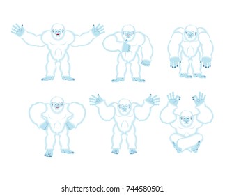 Yeti set poses and motion. Bigfoot happy and yoga. Abominable snowman sleeping and angry. Monster guilty and sad. Vector illustration
