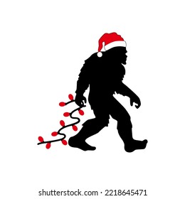 Yeti silhouette with Christmas Tree Lights. Big Foot Santa. Winter holidays party template for home decoration, T shirt print, laser cut, crafting. Vector illustration