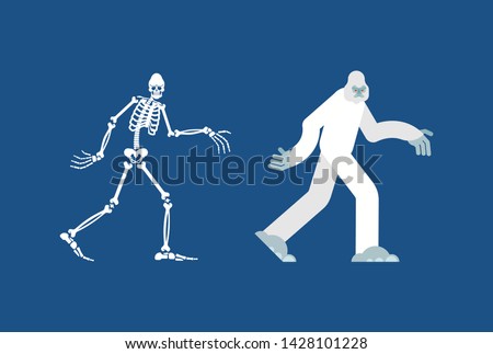 Yeti skeleton islated. Bigfoot skull and bones. Abominable snowman. sasquatch Remains  