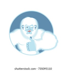 Yeti thumbs up. Bigfoot winks emoji. Abominable snowman cheerful. Vector illustration
