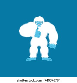 Yeti thumbs up. Bigfoot winks emoji. Abominable snowman cheerful. Vector illustration
