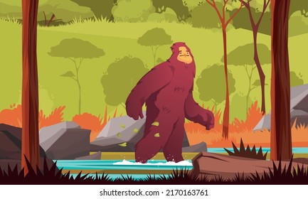 Yeti caminando en soledad en bosques caricatura de fondo ilustración plana vectorial