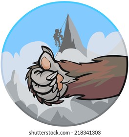 Yeti's hand doing encouraging sign on the background of mountain with climber.