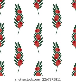 Yew. Floral seamless pattern with evergreen branch and red berries. 