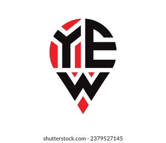 YEW letter location shape logo design. YEW letter location logo simple design.