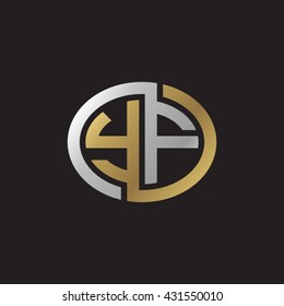 YF initial letters looping linked ellipse elegant logo golden silver black background