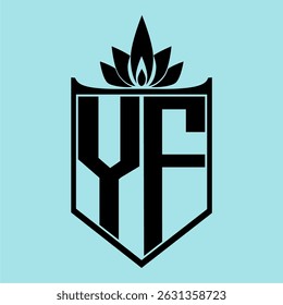 YF Logo featuring a minimalist design with a crown-like flower symbol on top, bold black elements, and a soft blue background, perfect for branding and modern visual identity.