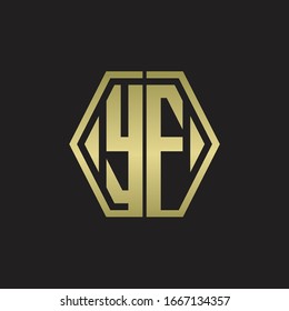 Monograma YF con diseño redondeado de línea hexagonal con colores dorados