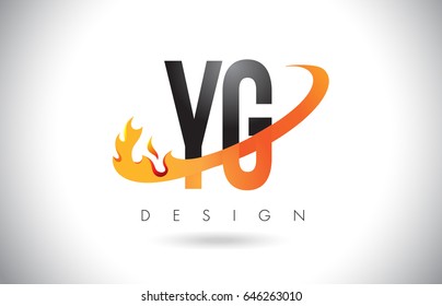 YG Y G Letter Logo Design with Fire Flames and Orange Swoosh Vector Illustration.