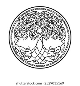 Yggdrasil – Ilustración vectorial detallada en blanco y negro del árbol nórdico de la vida con un intrincado diseño de nudo celta