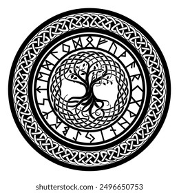 Talismán de protección Yggdrasil. Árbol vikingo de la vida. Coronado con tela nórdica y runas del antiguo alfabeto islandés.
Ornamento decorativo del árbol celta del Vector de la vida.  