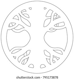 Yggdrasil - Scandinavian symbol of Norse Mythology. Symbol of belief of vikings. Old Norse symbol of mythical holy ash tree uniting the realms. Isolated vector illustration. Black and white line art.