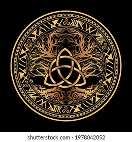 Yggdrasil tree of life Celtic sacred symbol. Celtic astronomy is a magical symbol of rebirth, positive energy and balance in nature. Vector tattoo, logo.