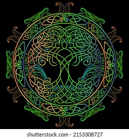 Yggdrasil tree of life Celtic sacred symbol. Celtic astronomy is a magical symbol of rebirth, positive energy and balance in nature. Vector tattoo, logo.