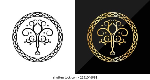 Yggdrasil tree of life Celtic sacred symbol. Celtic astronomy is a magical symbol of rebirth, positive energy and balance in nature. Vector tattoo, logo. Yggdrasil is a symbol of Scandinavian mytholog